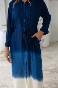 Womens Lisy maxi shirt dress in navy ombré finish, in soft lightweight rayon, with  a button down front, cuffed long sleeves, side splits, discreet pockets and a detachable belt.