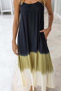 Womens Madison Maxi Dress in black ombré finish, in soft lightweight rayon, with pockets and adjustable straps.