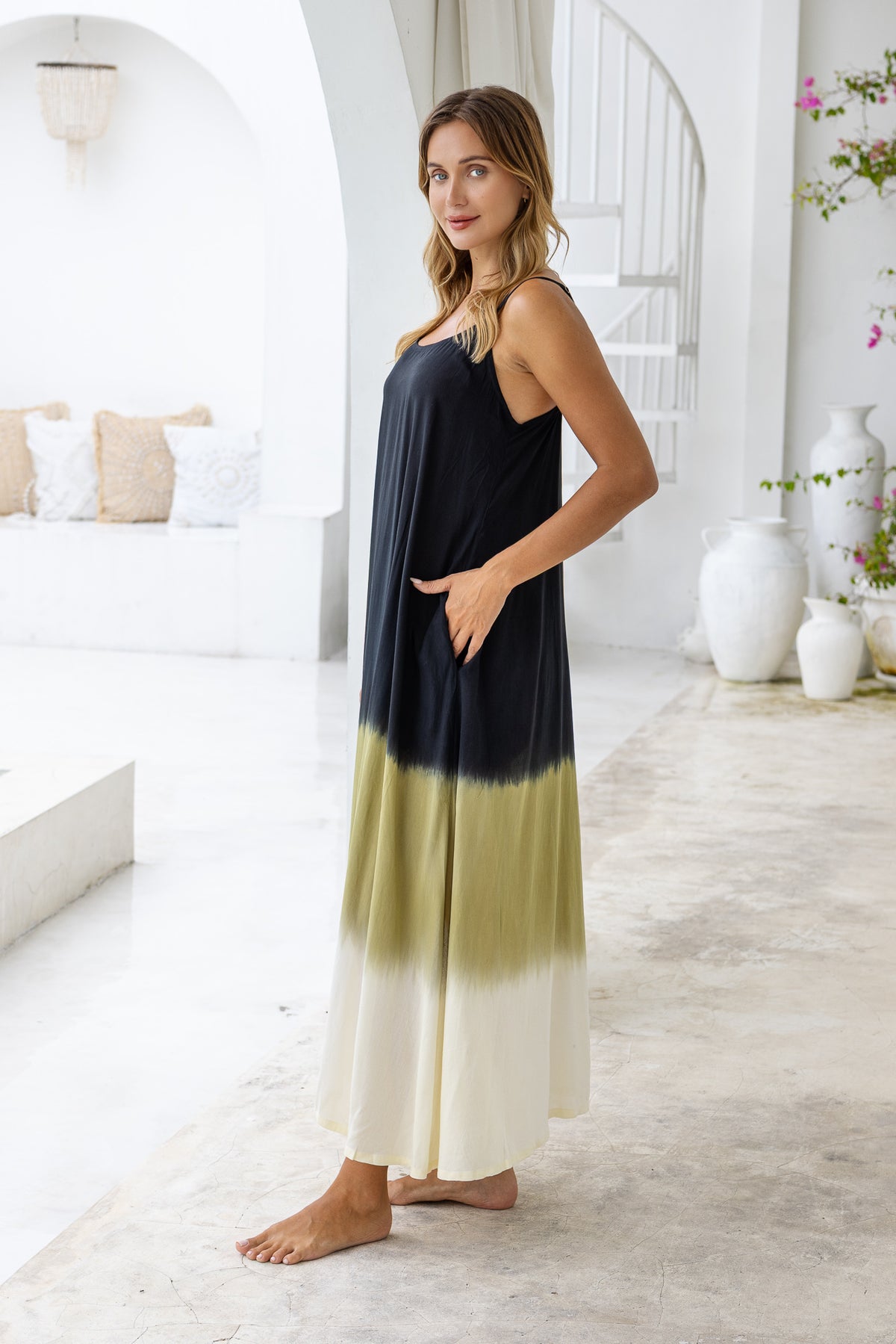 Womens Madison Maxi Dress in black ombré finish, in soft lightweight rayon, with pockets and adjustable straps.