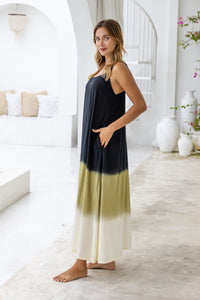 Womens Madison Maxi Dress in black ombré finish, in soft lightweight rayon, with pockets and adjustable straps.