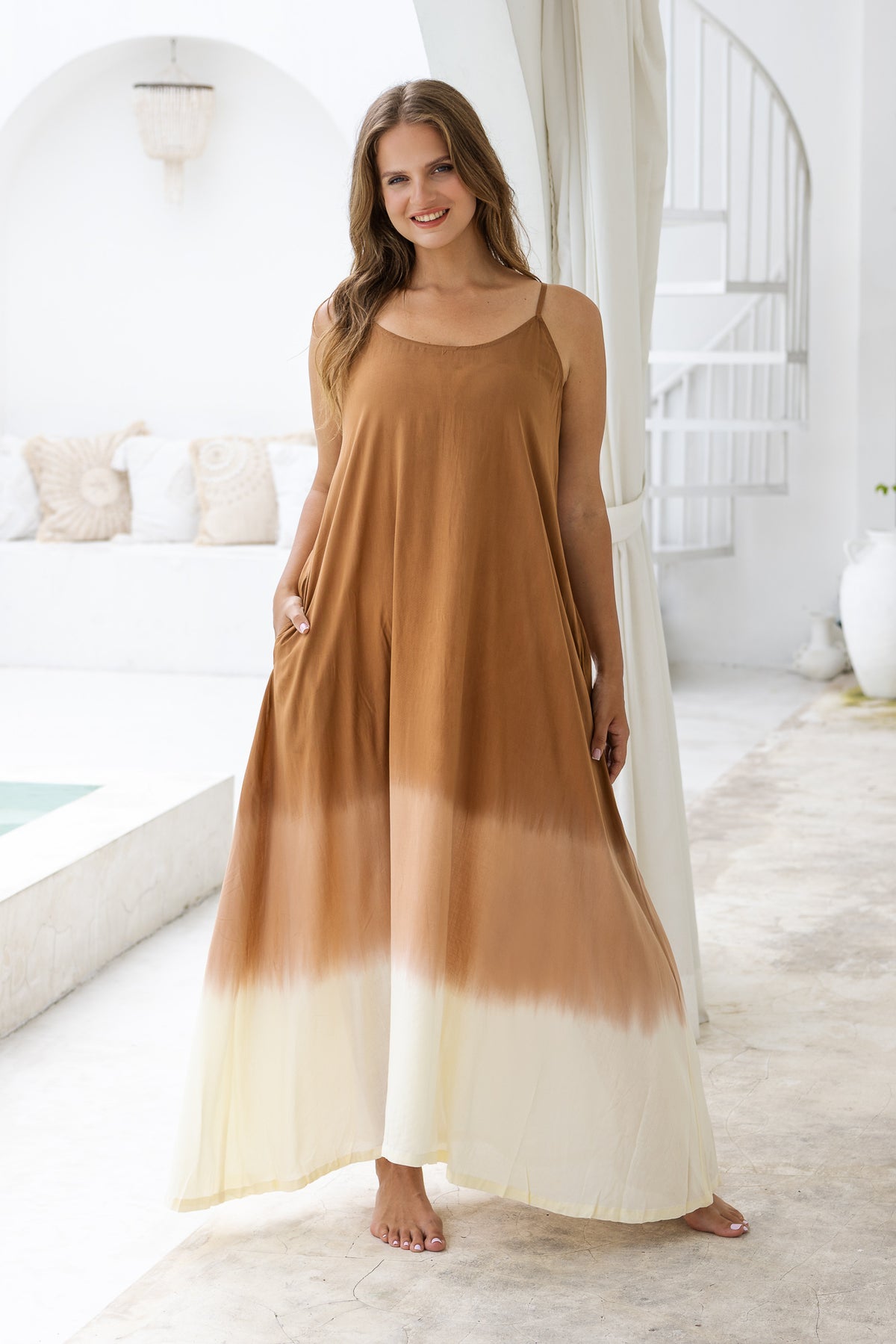 Womens Madison Maxi Dress in copper ombré finish, in soft lightweight rayon, with pockets and adjustable straps. Plus size fit.