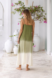 Womens Madison Maxi Dress in khaki ombré finish, in soft lightweight rayon, with pockets and adjustable straps.