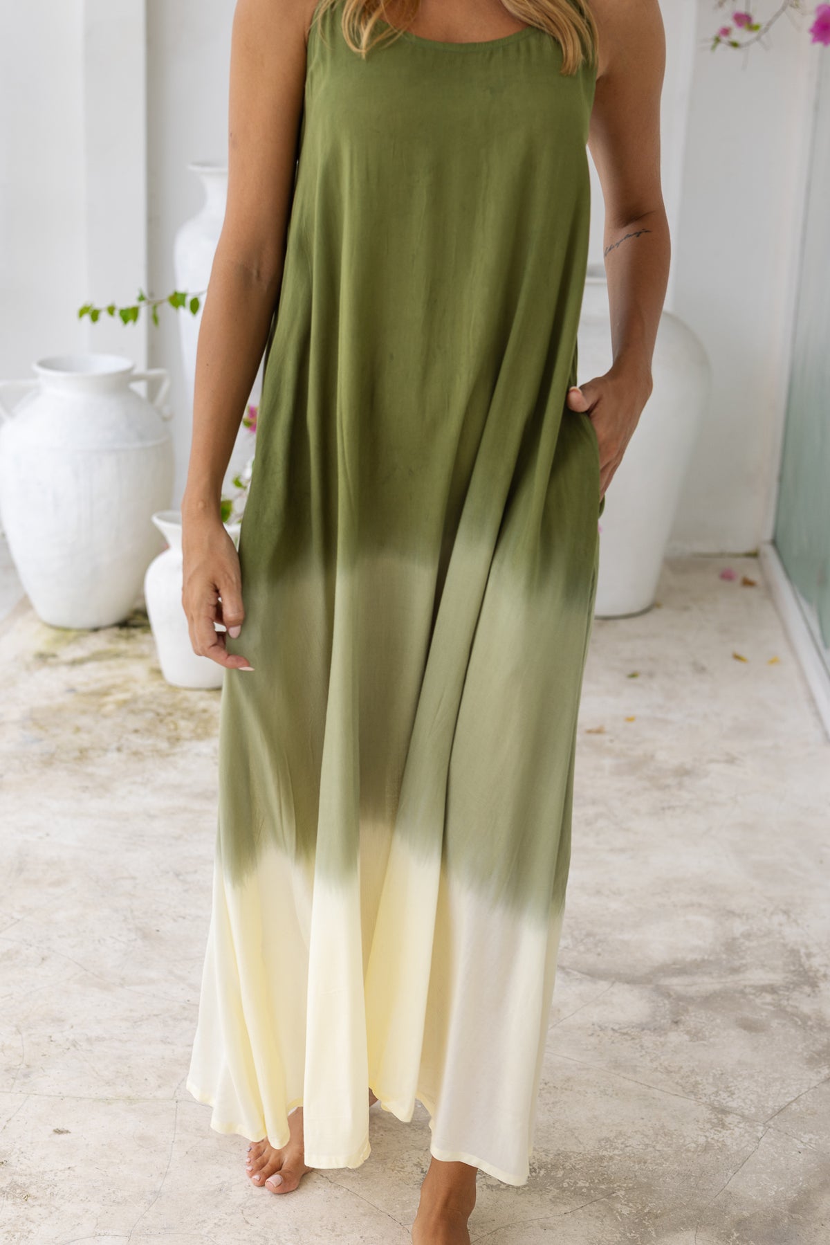 Womens Madison Maxi Dress in khaki ombré finish, in soft lightweight rayon, with pockets and adjustable straps.