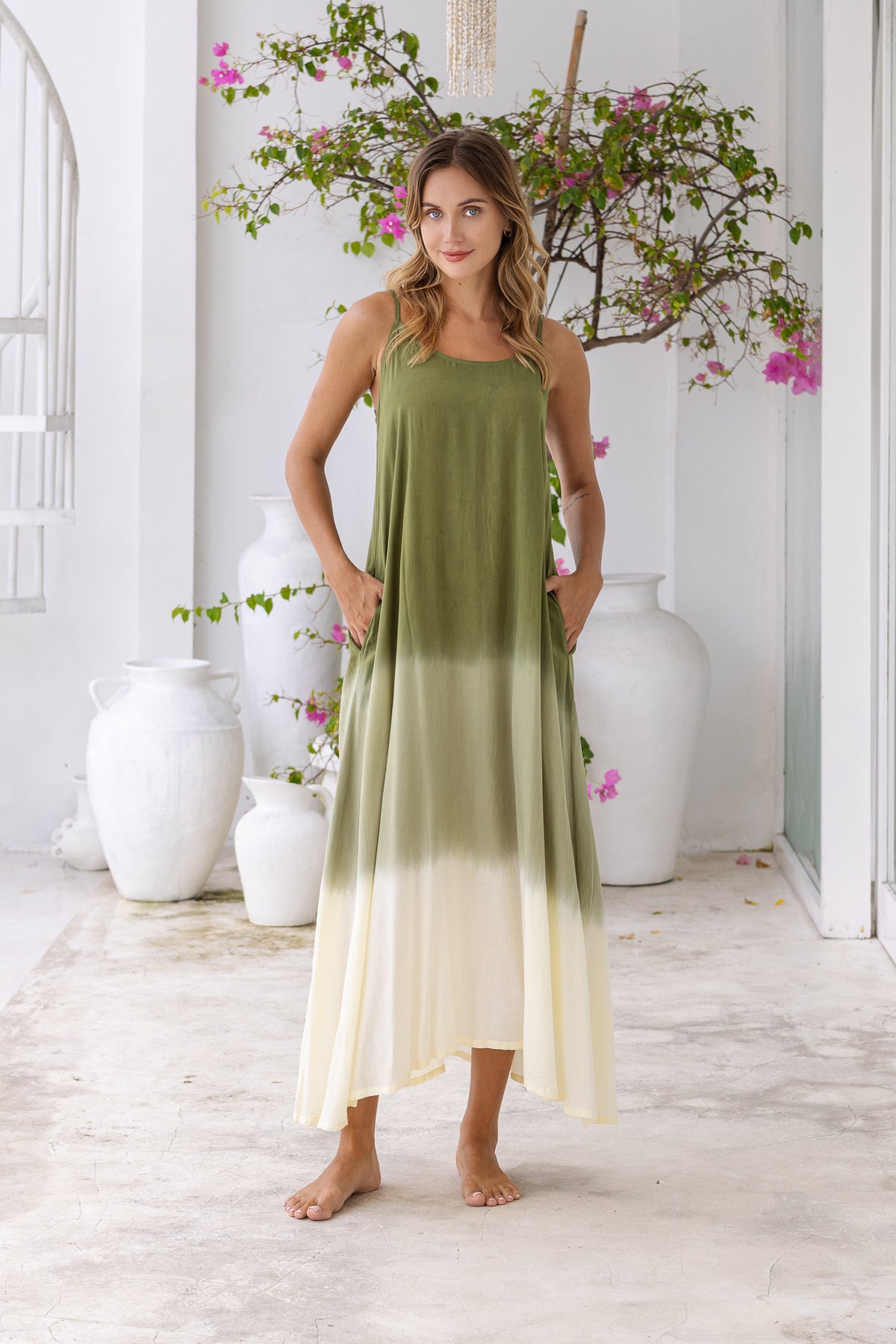 Womens Madison Maxi Dress in khaki ombré finish, in soft lightweight rayon, with pockets and adjustable straps.