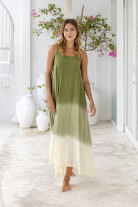 Womens Madison Maxi Dress in khaki ombré finish, in soft lightweight rayon, with pockets and adjustable straps.