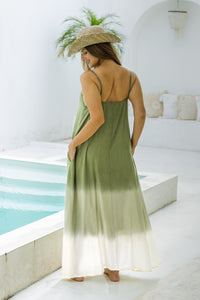 Womens Madison Maxi Dress in khaki ombré finish, in soft lightweight rayon, with pockets and adjustable straps. Plus size fit.