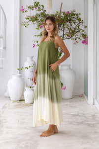 Womens Madison Maxi Dress in khaki ombré finish, in soft lightweight rayon, with pockets and adjustable straps.