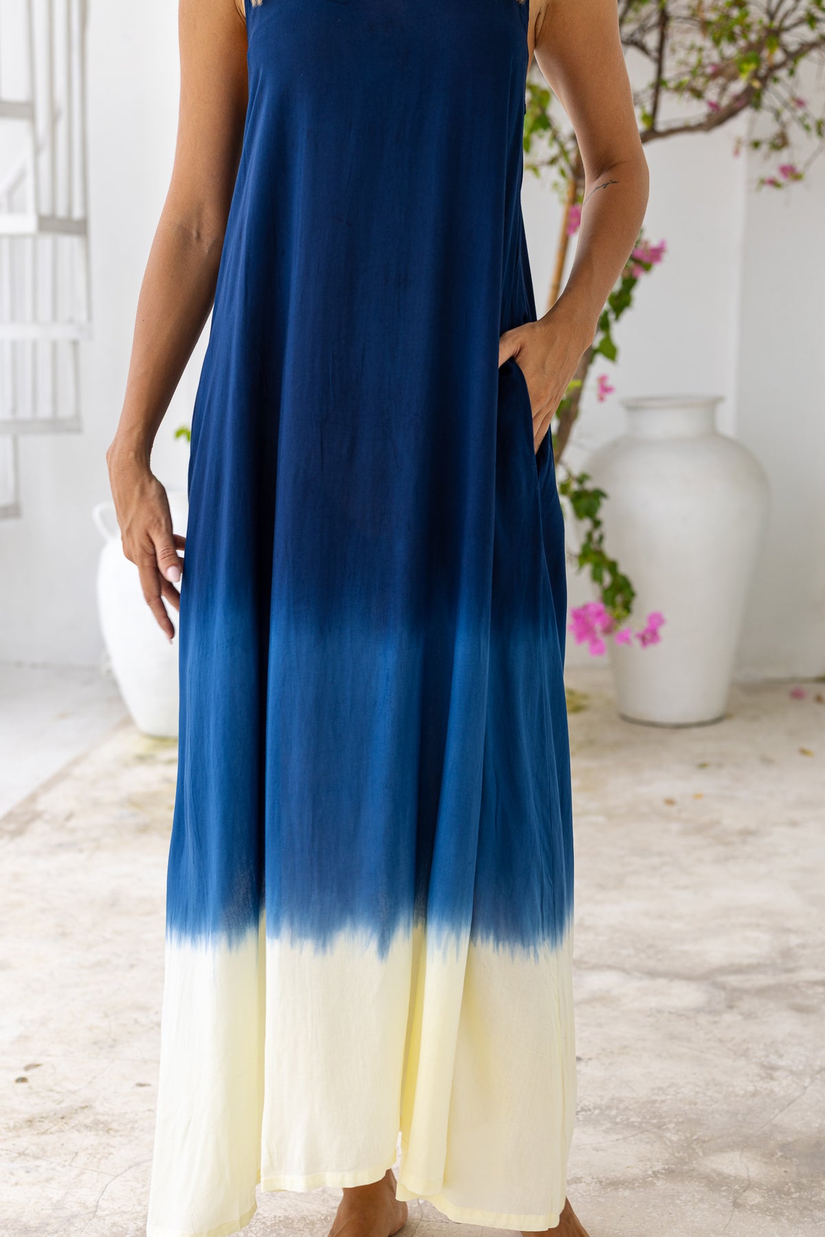 Womens Madison Maxi Dress in khaki ombré finish, in soft lightweight rayon, with pockets and adjustable straps.