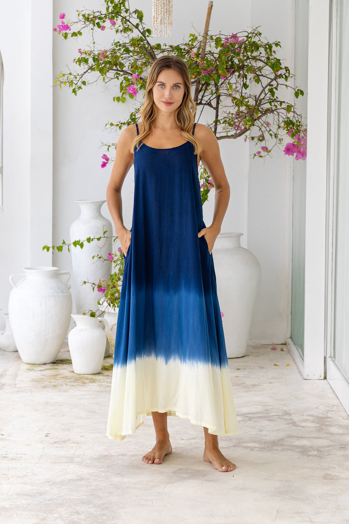 Womens Madison Maxi Dress in khaki ombré finish, in soft lightweight rayon, with pockets and adjustable straps.