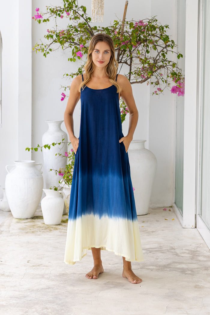 Womens Madison Maxi Dress in khaki ombré finish, in soft lightweight rayon, with pockets and adjustable straps.