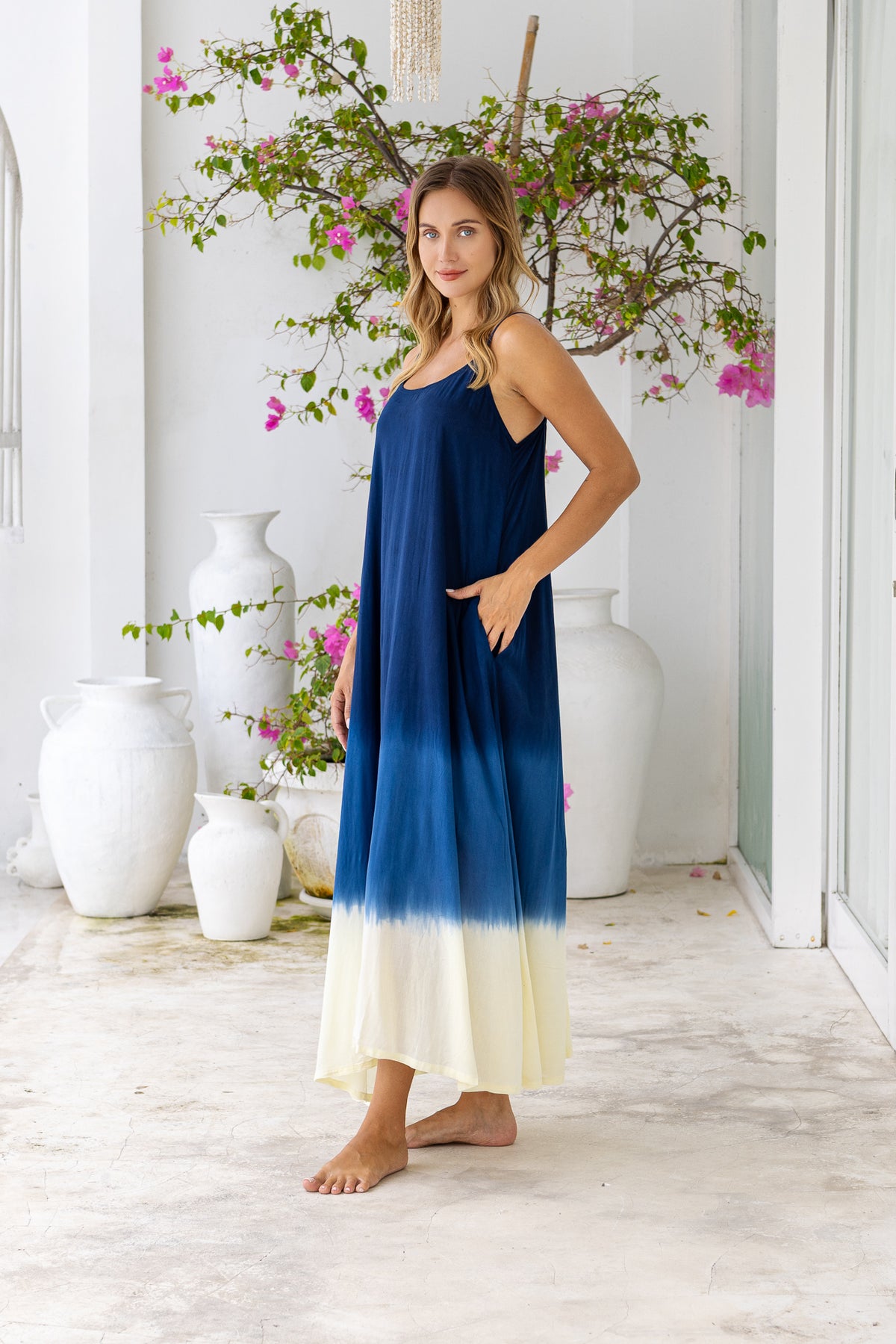 Womens Madison Maxi Dress in khaki ombré finish, in soft lightweight rayon, with pockets and adjustable straps.