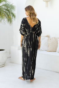 Womens Molly Kaftan in black and beige tie dye finish, in soft lightweight rayon, with side splits, pockets and hand beaded detailing.