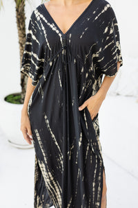Womens Molly Kaftan in black and beige tie dye finish, in soft lightweight rayon, with side splits, pockets and hand beaded detailing.