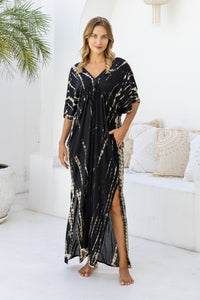 Womens Molly Kaftan in black and beige tie dye finish, in soft lightweight rayon, with side splits, pockets and hand beaded detailing.