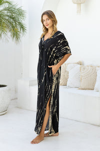 Womens Molly Kaftan in black and beige tie dye finish, in soft lightweight rayon, with side splits, pockets and hand beaded detailing.