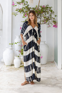 Womens Molly Kaftan in black and cream tie dye finish, in soft lightweight rayon, with side splits, pockets and hand beaded detailing.