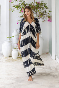 Womens Molly Kaftan in black and cream tie dye finish, in soft lightweight rayon, with side splits, pockets and hand beaded detailing.