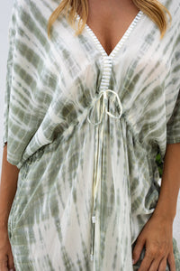 Womens Molly Kaftan in green and cream tie dye finish, in soft lightweight rayon, with side splits, pockets and hand beaded detailing.