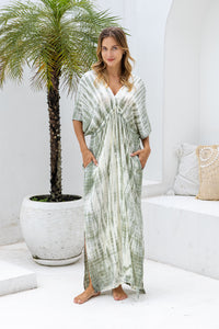 Womens Molly Kaftan in green and cream tie dye finish, in soft lightweight rayon, with side splits, pockets and hand beaded detailing.