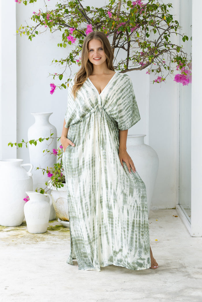 Womens Molly Kaftan in green and cream tie dye finish, in soft lightweight rayon, with side splits, pockets and hand beaded detailing. Plus size fit.