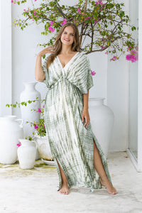 Womens Molly Kaftan in green and cream tie dye finish, in soft lightweight rayon, with side splits, pockets and hand beaded detailing. Plus size fit