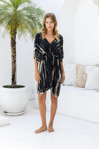 Womens Molly short length Kaftan in black and beige tie dye finish, in soft lightweight rayon, with side splits, pockets and hand beaded detailing.
