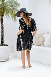 Womens Molly short length Kaftan in black and beige tie dye finish, in soft lightweight rayon, with side splits, pockets and hand beaded detailing. Plus size fit.