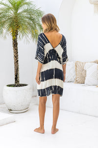 Womens Molly short length Kaftan in black and cream tie dye finish, in soft lightweight rayon, with side splits, pockets and hand beaded detailing.