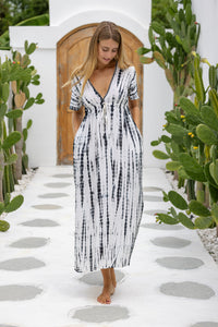 Womens Nadia Maxi Dress in cream and black tie dye finish, in soft lightweight rayon, with side splits, pockets and hand beaded detailing.