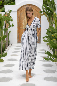 Womens Nadia Maxi Dress in cream and black tie dye finish, in soft lightweight rayon, with side splits, pockets and hand beaded detailing.