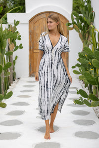 Womens Nadia Maxi Dress in cream and black tie dye finish, in soft lightweight rayon, with side splits, pockets and hand beaded detailing.