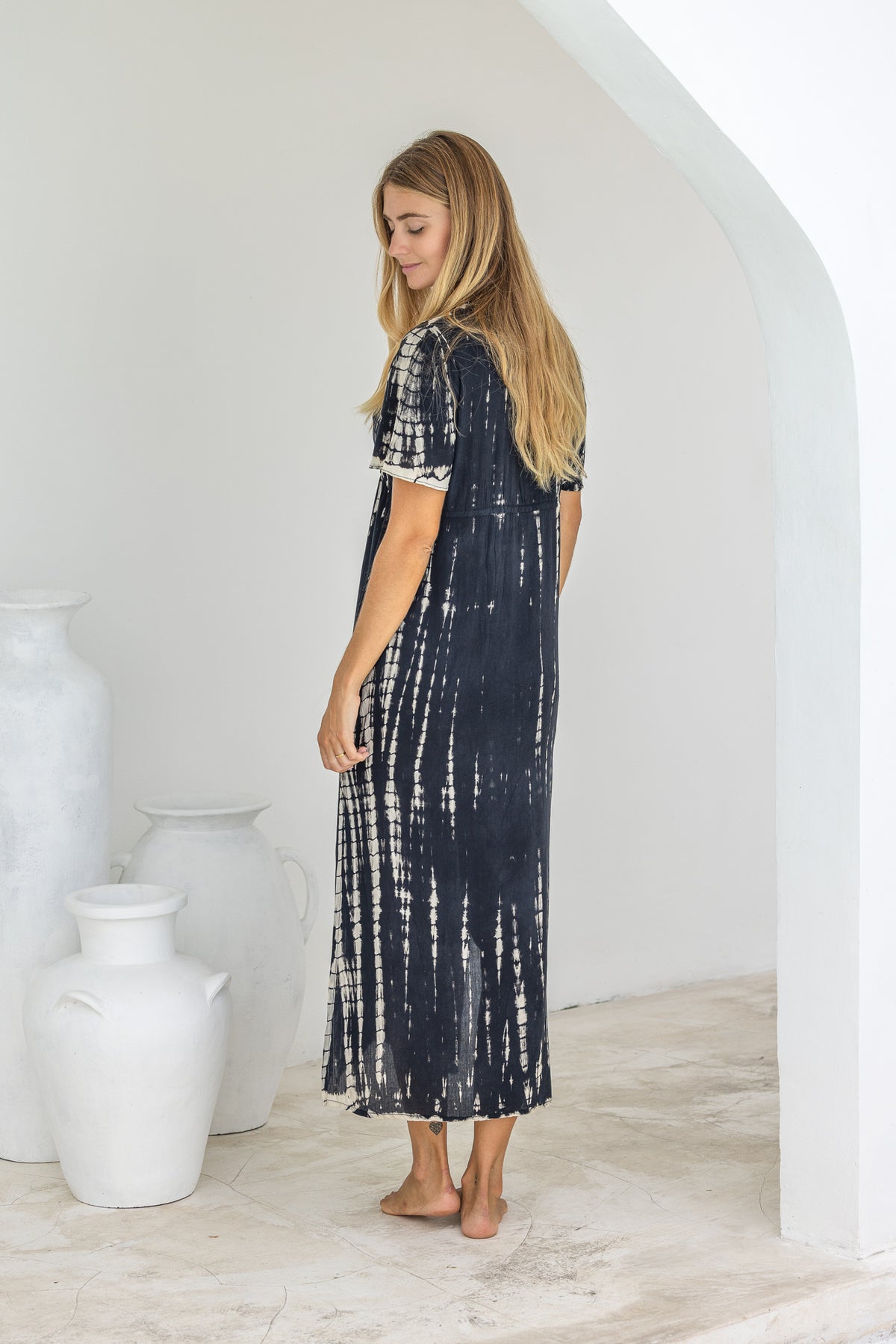 Womens Nadia Maxi Dress in black and beige tie dye finish, in soft lightweight rayon, with side splits, pockets and hand beaded detailing.