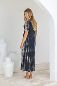 Womens Nadia Maxi Dress in black and beige tie dye finish, in soft lightweight rayon, with side splits, pockets and hand beaded detailing.
