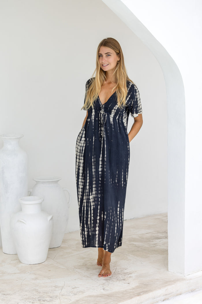 Womens Nadia Maxi Dress in black and beige tie dye finish, in soft lightweight rayon, with side splits, pockets and hand beaded detailing.