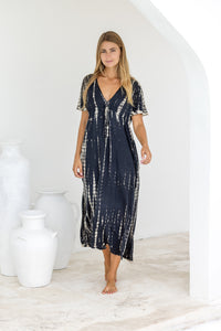 Womens Nadia Maxi Dress in black and beige tie dye finish, in soft lightweight rayon, with side splits, pockets and hand beaded detailing.