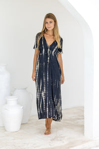 Womens Nadia Maxi Dress in black and beige tie dye finish, in soft lightweight rayon, with side splits, pockets and hand beaded detailing.