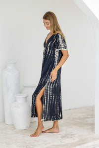 Womens Nadia Maxi Dress in black and beige tie dye finish, in soft lightweight rayon, with side splits, pockets and hand beaded detailing.