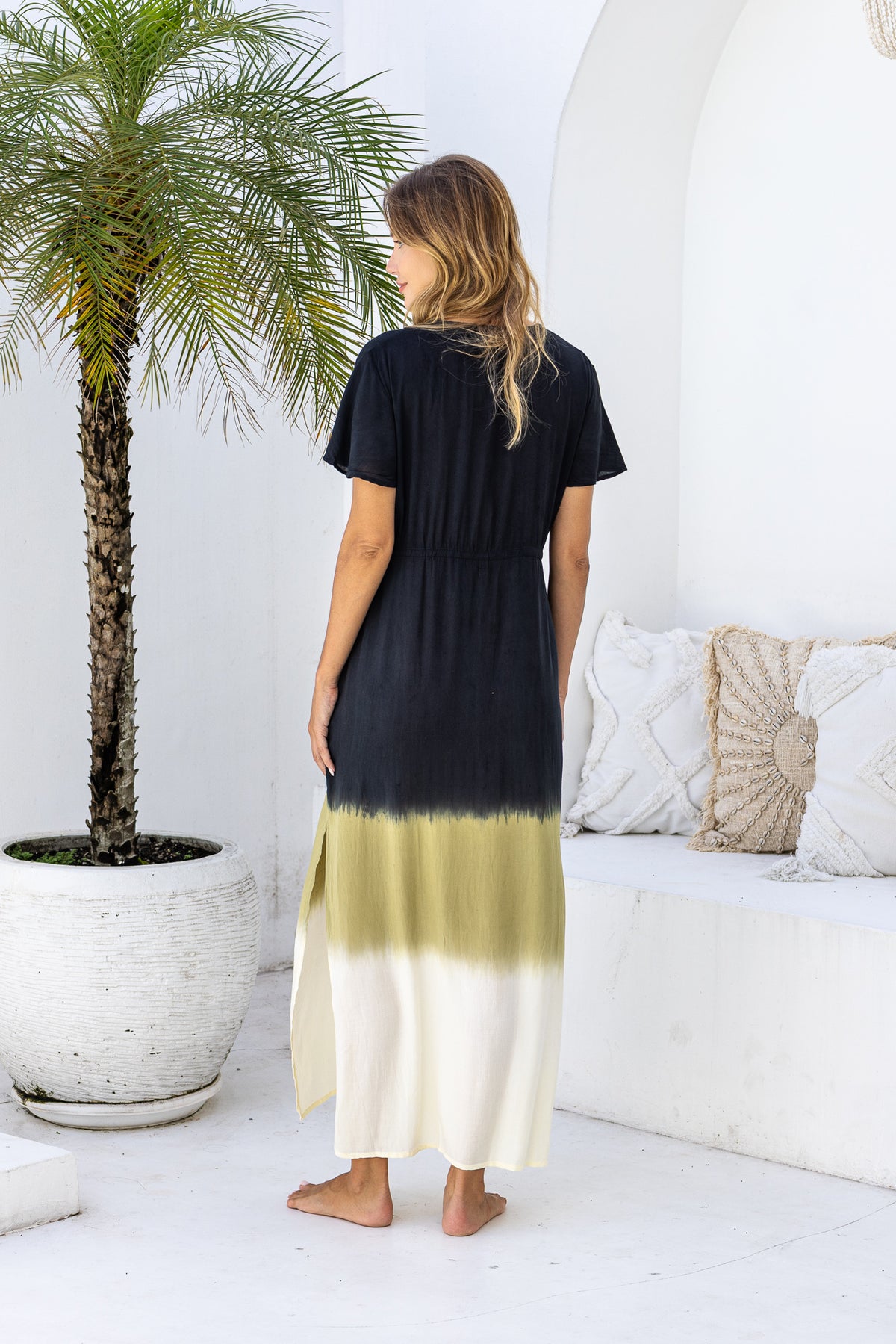 Womens Nadia Maxi Dress in black ombre finish, in soft lightweight rayon, with side splits, pockets and hand beaded detailing.
