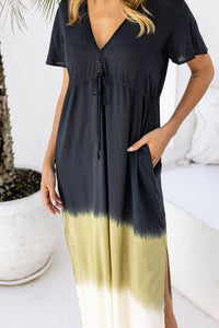 Womens Nadia Maxi Dress in black ombre finish, in soft lightweight rayon, with side splits, pockets and hand beaded detailing.