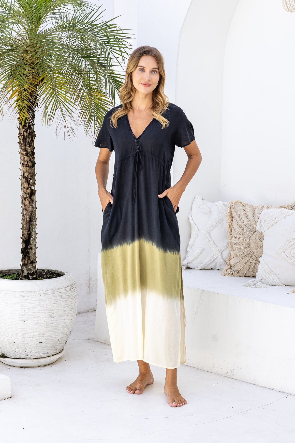 Womens Nadia Maxi Dress in black ombre finish, in soft lightweight rayon, with side splits, pockets and hand beaded detailing.