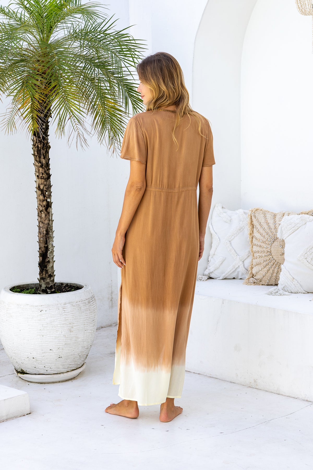 Womens Nadia Maxi Dress in copper ombre finish, in soft lightweight rayon, with side splits, pockets and hand beaded detailing.