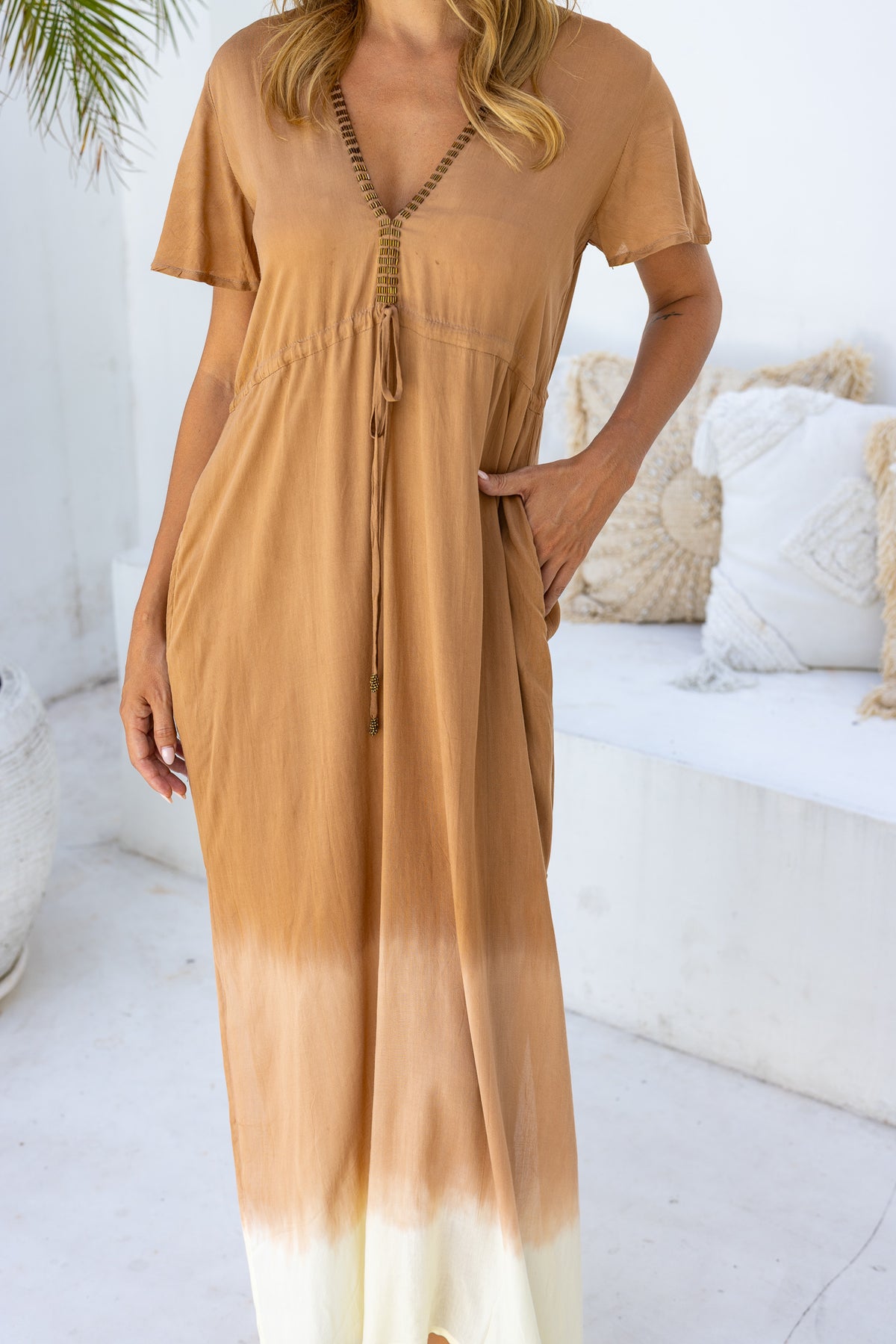 Womens Nadia Maxi Dress in copper ombre finish, in soft lightweight rayon, with side splits, pockets and hand beaded detailing.