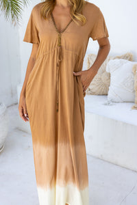 Womens Nadia Maxi Dress in copper ombre finish, in soft lightweight rayon, with side splits, pockets and hand beaded detailing.