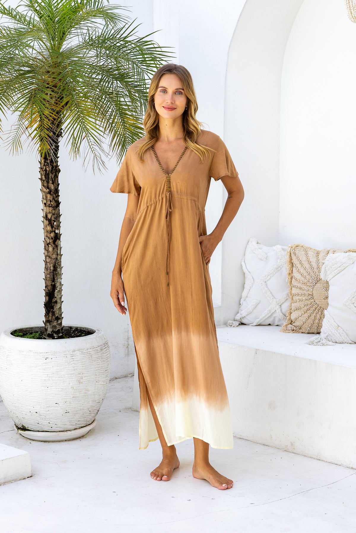 Womens Nadia Maxi Dress in copper ombre finish, in soft lightweight rayon, with side splits, pockets and hand beaded detailing.