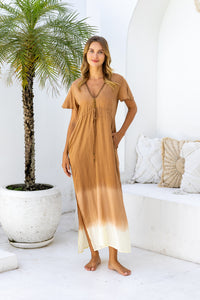 Womens Nadia Maxi Dress in copper ombre finish, in soft lightweight rayon, with side splits, pockets and hand beaded detailing.
