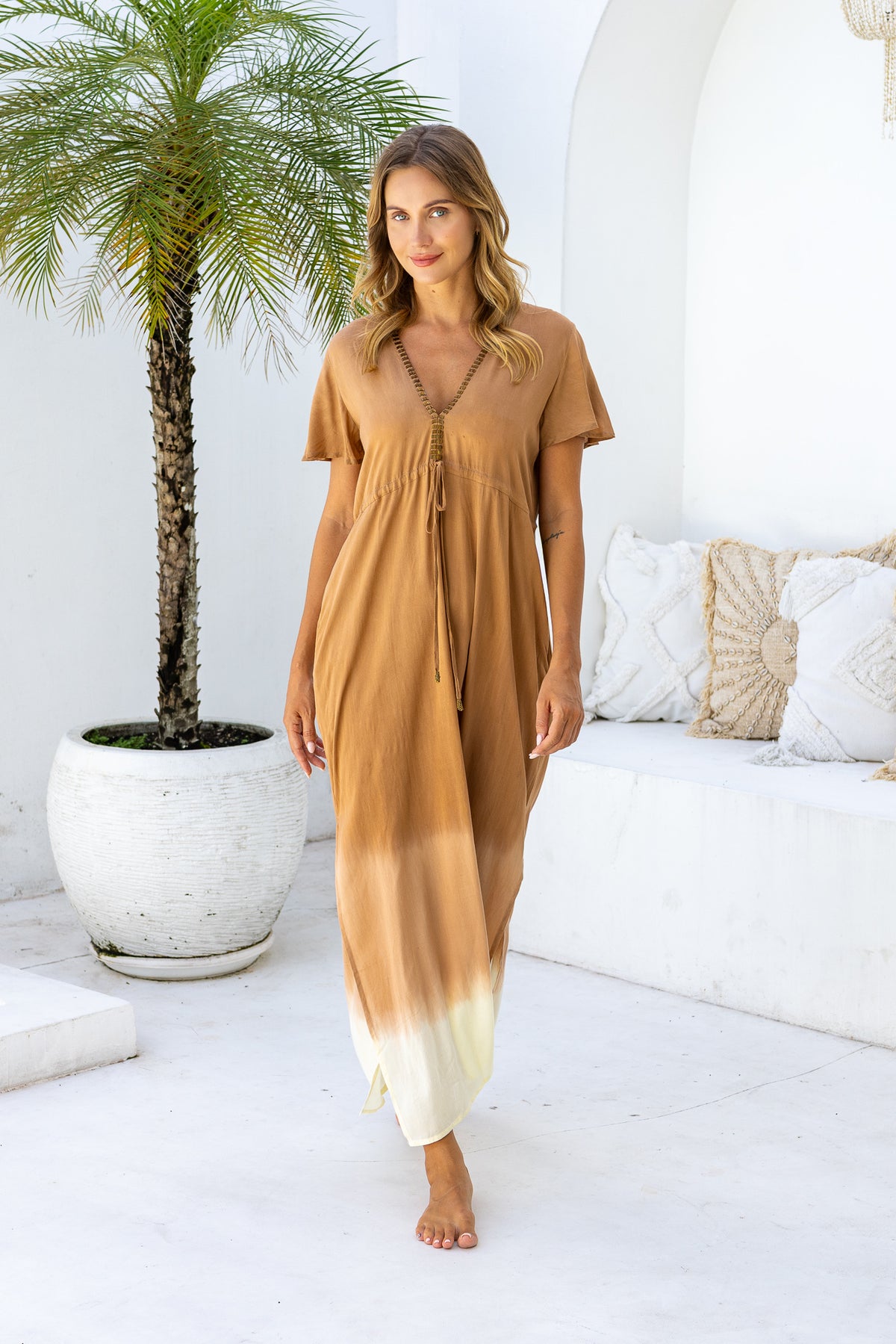 Womens Nadia Maxi Dress in copper ombre finish, in soft lightweight rayon, with side splits, pockets and hand beaded detailing.