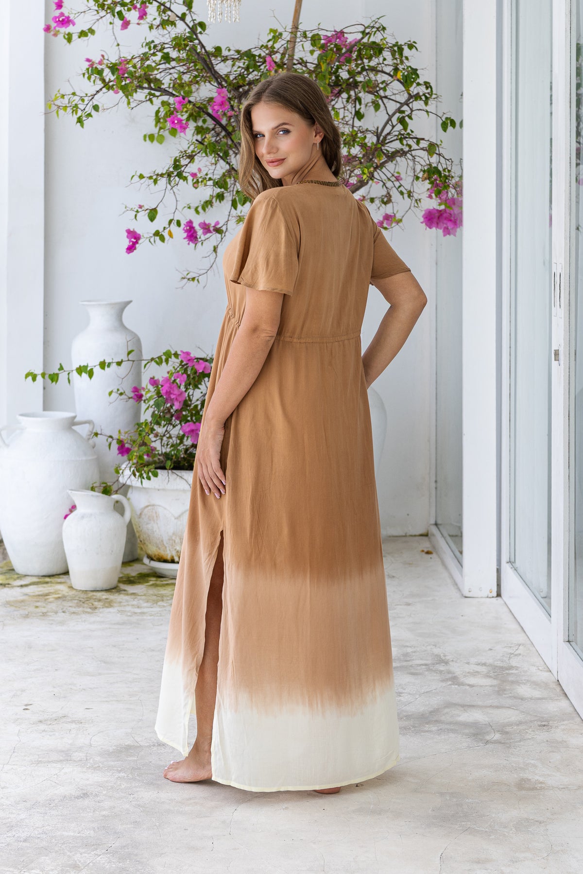 Womens Nadia Maxi Dress in copper ombre finish, in soft lightweight rayon, with side splits, pockets and hand beaded detailing. Plus size fit.