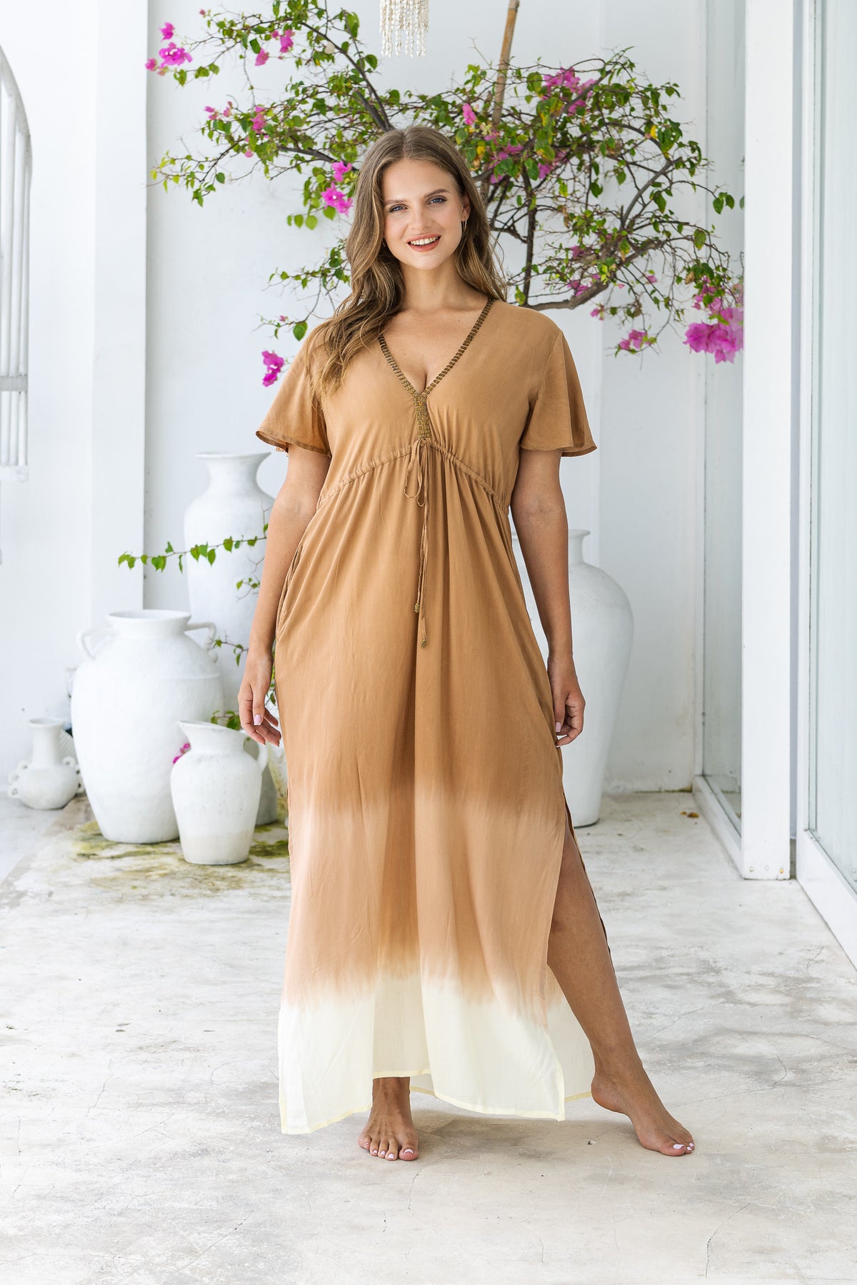 Womens Nadia Maxi Dress in copper ombre finish, in soft lightweight rayon, with side splits, pockets and hand beaded detailing. Plus size fit.