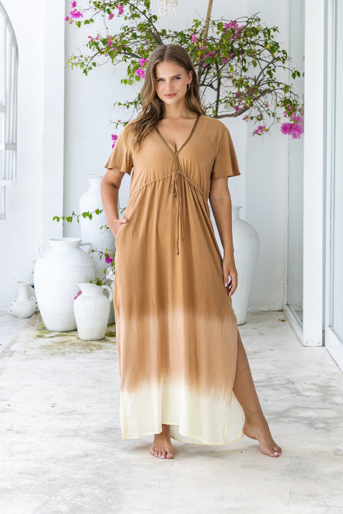 Womens Nadia Maxi Dress in copper ombre finish, in soft lightweight rayon, with side splits, pockets and hand beaded detailing. Plus size fit.