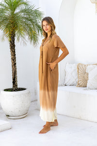 Womens Nadia Maxi Dress in copper ombre finish, in soft lightweight rayon, with side splits, pockets and hand beaded detailing.